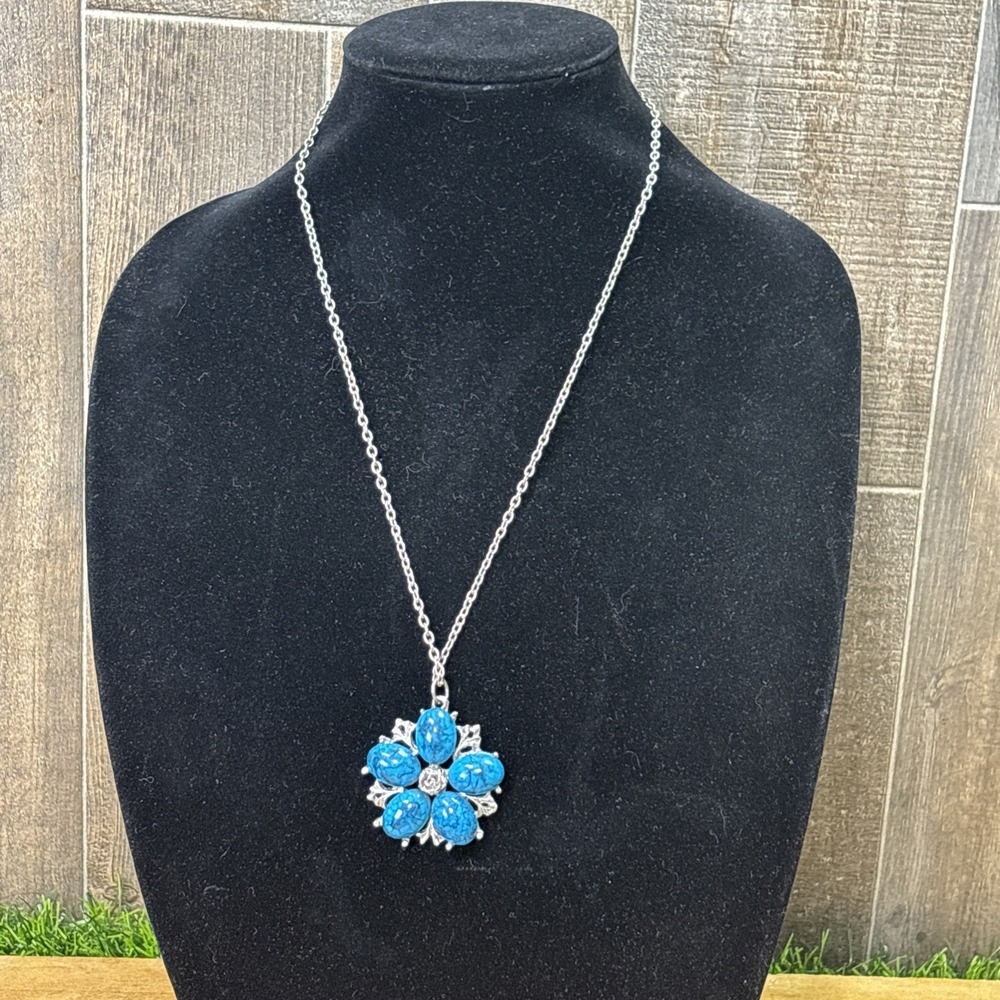 Vintage Faux Turquoise Flower Pendant Necklace Silver Tone Victorian Revival